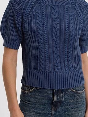Express Blue Cable-Knit Short Sleeve Crewneck Sweater